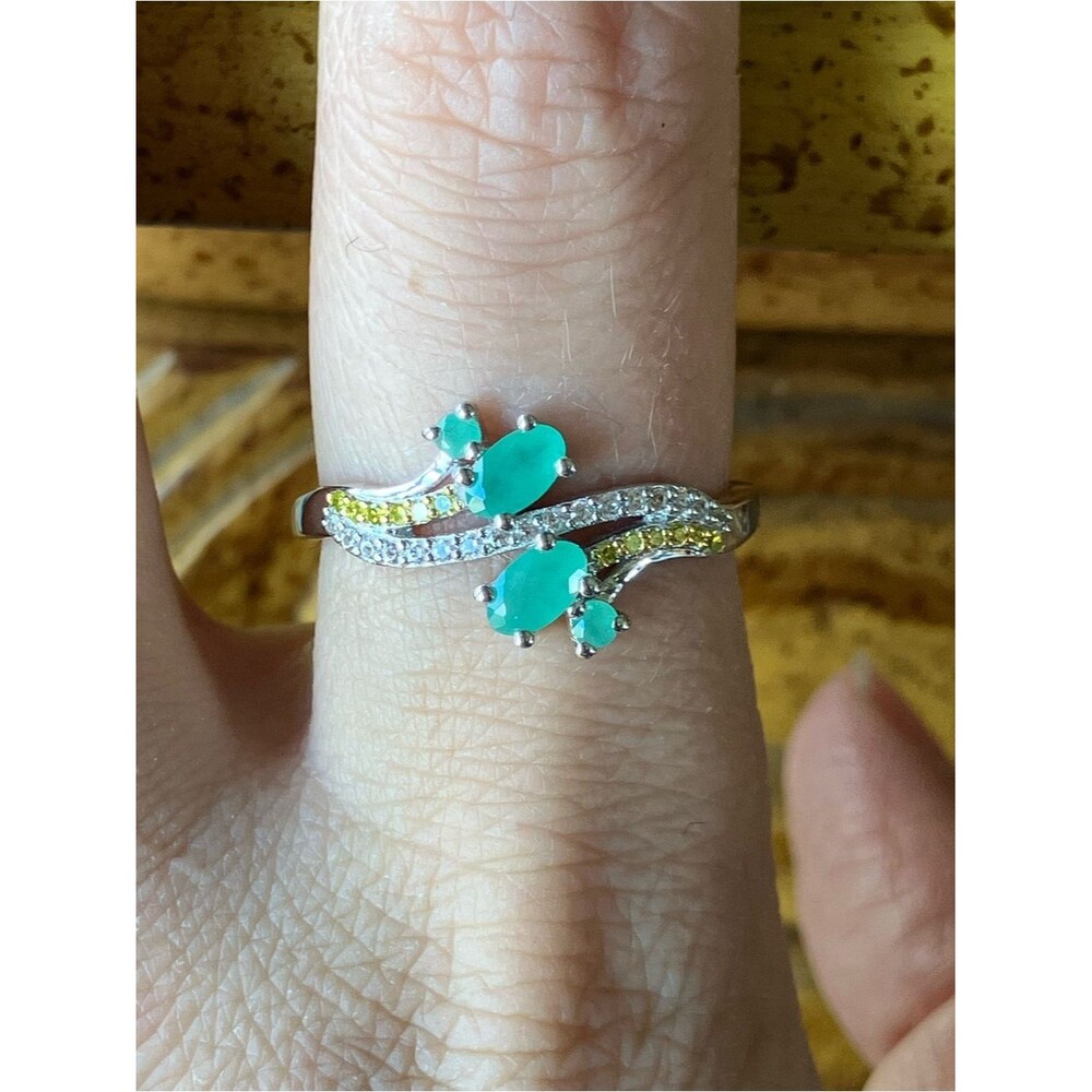 Genuine Zambian Emerald Yellow Diamond Sterling Silver Ring Size 9